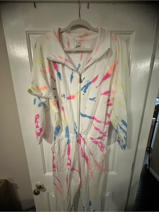 Lezat Pants - Lezat White Tie-Dye Paint Splatter Jumpsuit